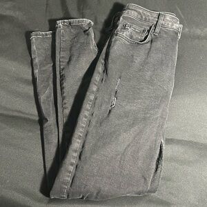 Forever 21 Black Skinny Distressed Jeans Button Up Fly Split Ankle